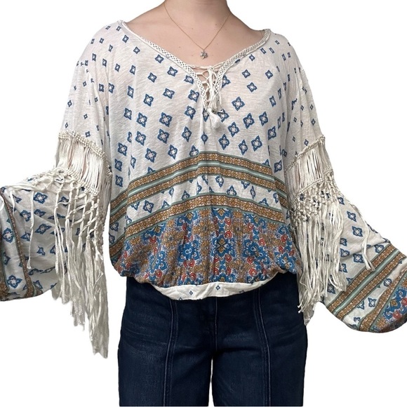 Free People Blouse Tassels Boho Floral Lace Up Festival Hippie Casual Size Small - Picture 7 of 7